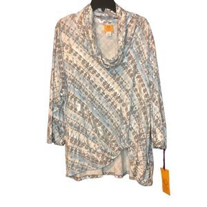 NWT Ruby Rd Light Blue Grey Silver Stretch Material 3/4 Sleeves Cowl Neck Size2X